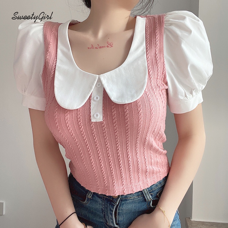 Áo Thun Cổ Chữ U Tay Ngắn Màu Sắc Tương Phản Dễ Thương Dành Cho Nữ 2022