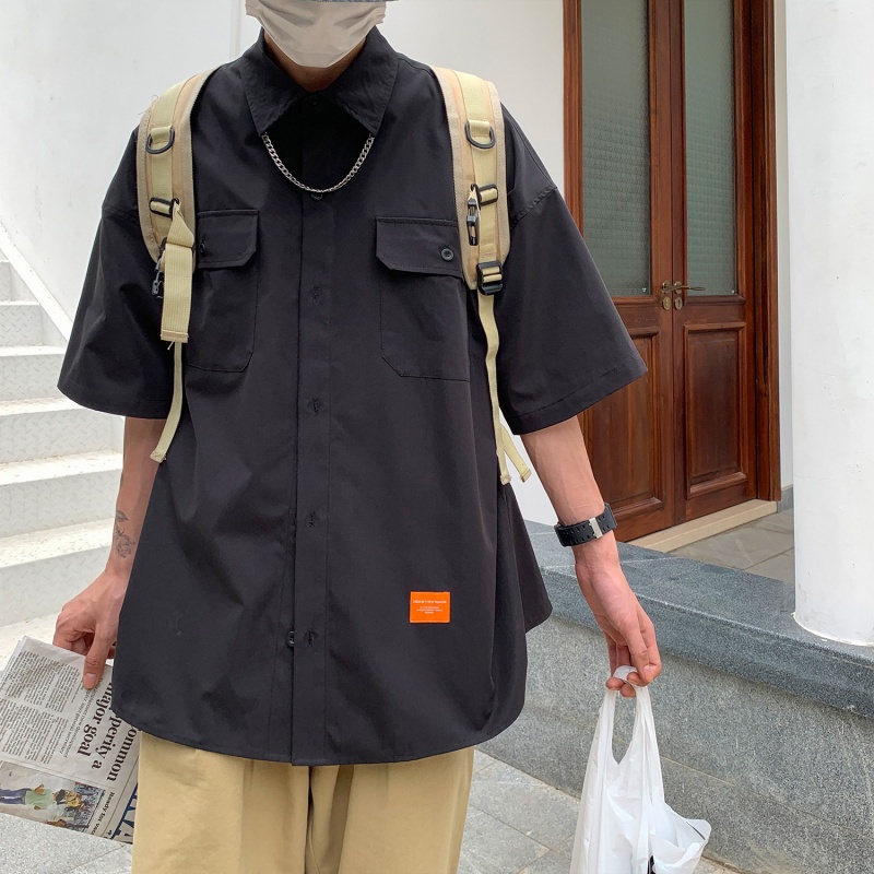 ♞AFF LIGA♞ Áo sơ mi tay ngắn màu trơn form rộng thời trang mùa hè phong cách Hàn Quốc trẻ trung cho nam