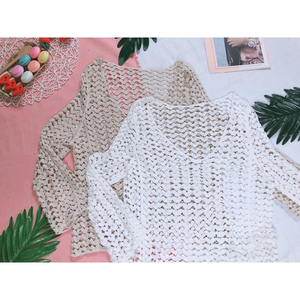 Áo choàng Bikini, áo choàng lưới đi biển cực xinh trắng, be