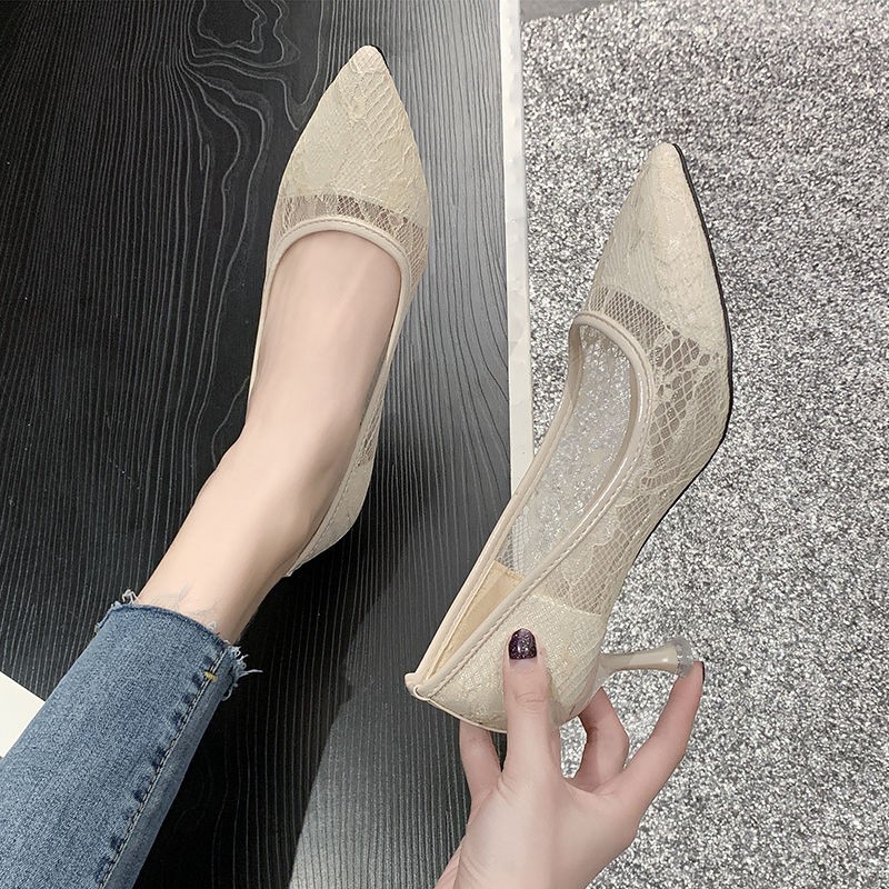 2020 mới giày cao gót đế vừa tất cả các trận đấu màu đen sexy ren lưới mũi nhọn đơn phiên bản Hàn Quốc nữ 5cm