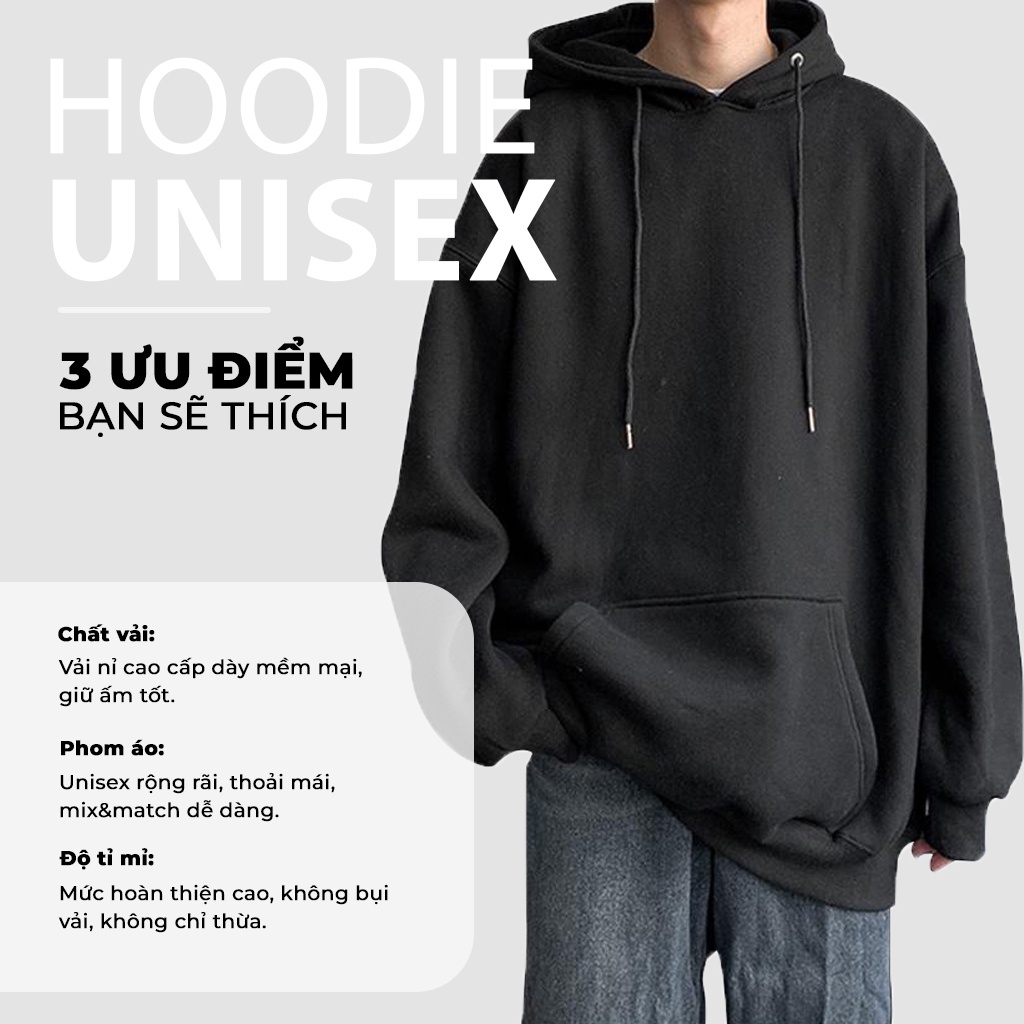 Áo HOODIE KSM Nam Nữ Đen Trơn BASIS Vải Nỉ Phom Rộng UNISEX đến 90kg HD910