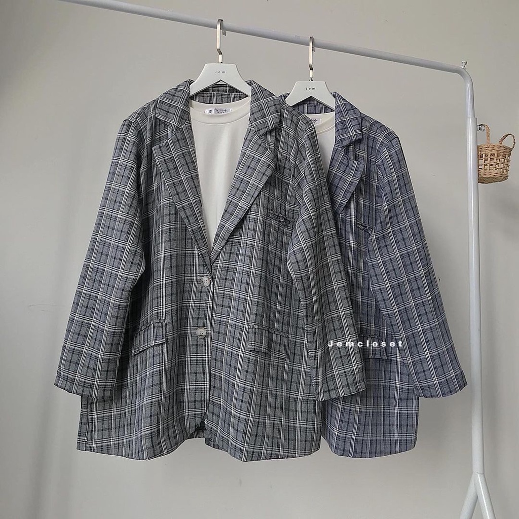 Áo Khoác Blazer Nữ Dài Tay JEM CLOSET Áo Blazer Nữ Form Rộng DAHLIA Chất Vải Caro Dệt Mịn Phong Cách Hàn Dễ Phối Đồ 1744