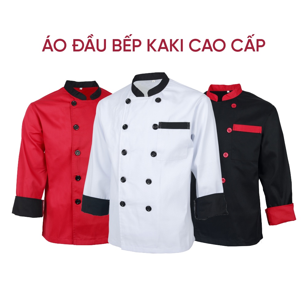 Áo bếp 3 màu - Áo đồng phục đầu bếp 2 hàng cúc, đồng phục bếp dài tay cao cấp - Đồng Phục Bốn Mùa