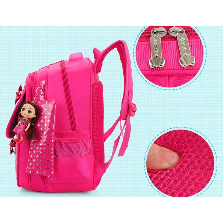 Balo bé gái da bóng sang trọng, đính kèm bóp viết và búp bê xinh xắn