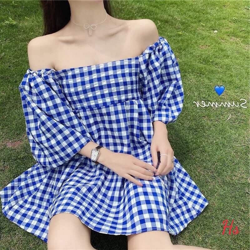 Váy kẻ thô xanh babydoll tay phồng ảnh thật+ đánh giá- Luco store