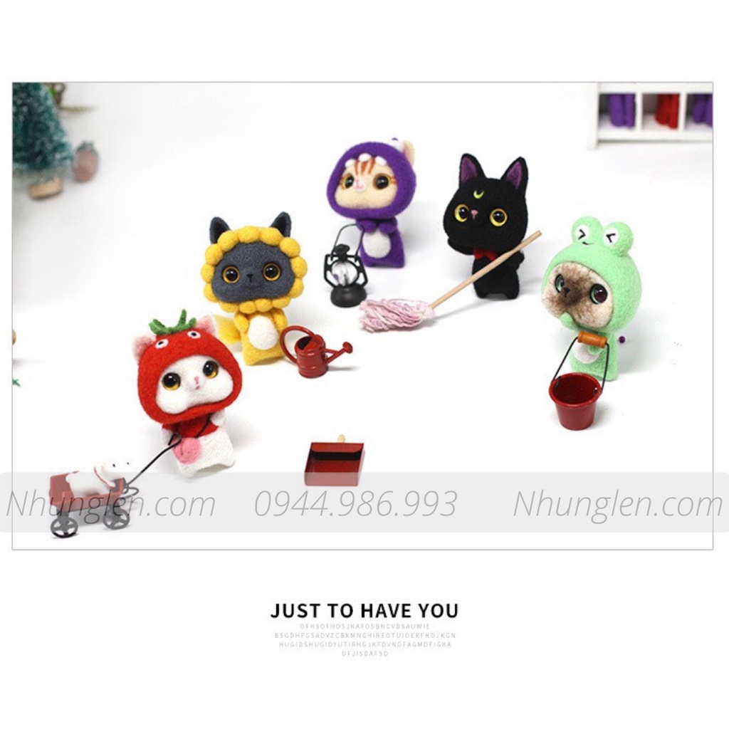 Bộ Len Chọc Mèo Mộng Mơ có hướng dẫn, needle felting cat, quà tặng handmade ý nghĩa