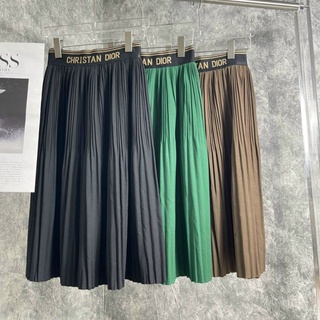 Chân váy dập ly dáng xòe cạp chun in chữ thời trang công sở