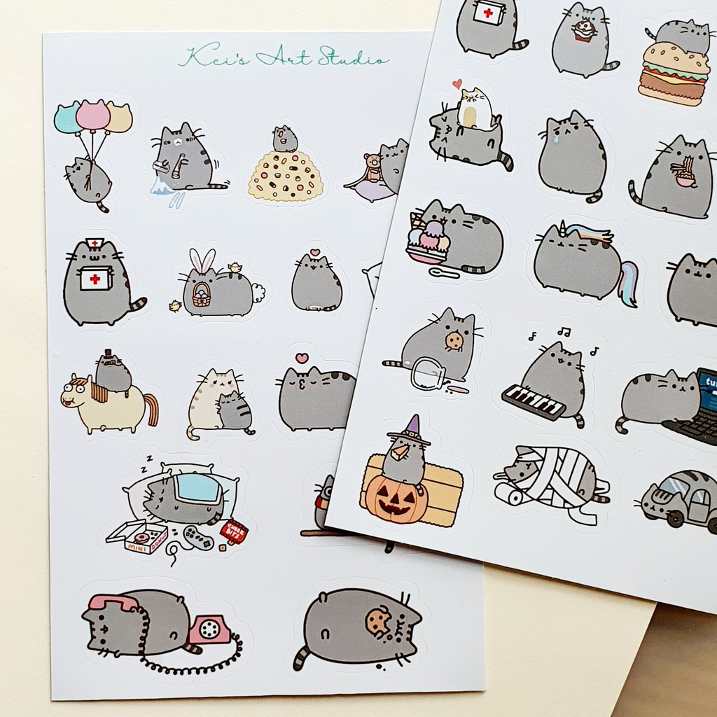 Set 4 tờ sticker mèo pusheen cat, mèo mập xám nhiều biểu cảm dễ thương trang trí sổ