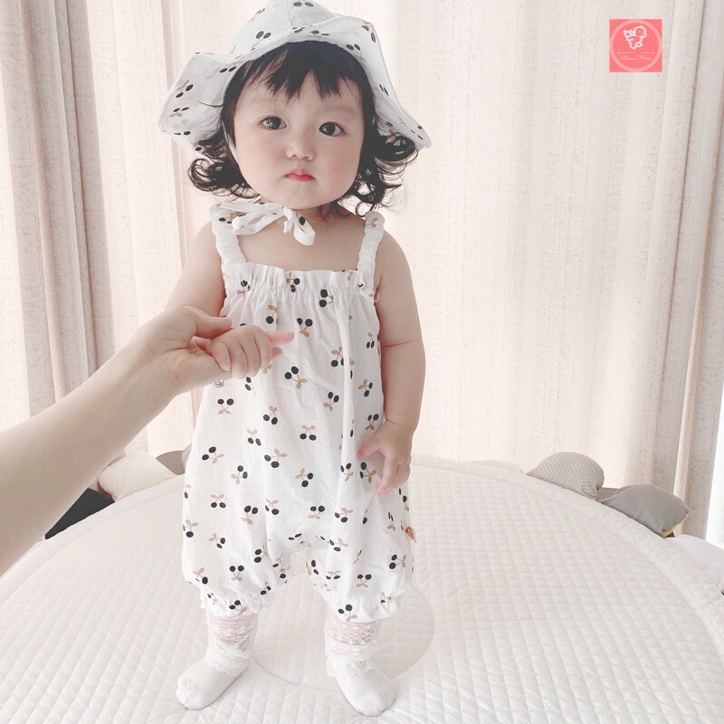 [4 MÀU] Áo Liền Quần 2 Dây Kèm Mũ Hoạ Tiết Xinh Xắn