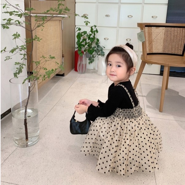 Đầm cotton tay dài phối họa tiết chấm bi xinh xắn cho bé gái