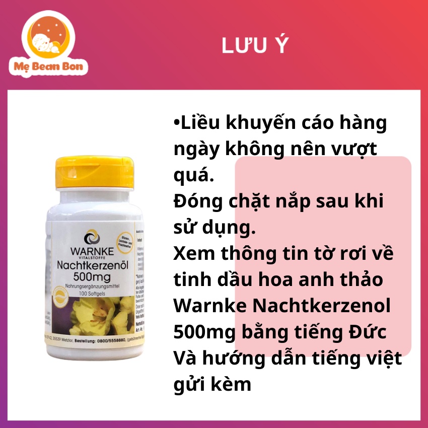 Tinh Dầu Hoa Anh Thảo Warnke Nachtkerzenol 500mg 100 viên của Đức giúp làm đẹp da tóc cân bằng nội tiết tốt cho tim mạch