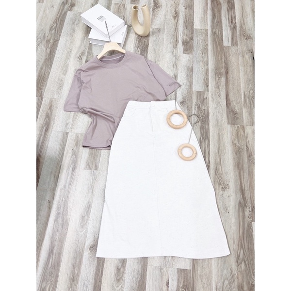 Set Chân Váy Midi Kaki Phối Áo Thun