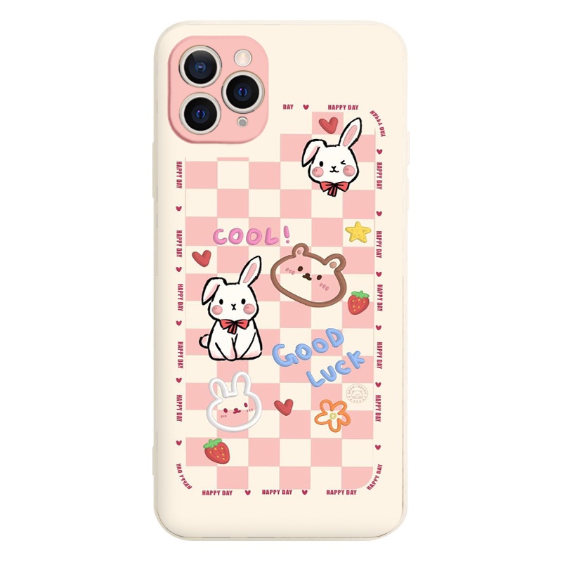 Ốp iphone cạnh vuông Thỏ trắng và gấu nền caro cho ip 6/8/7/plus/x/xr/xsmax/12 pro max/11pro max/13 pro max-nt014