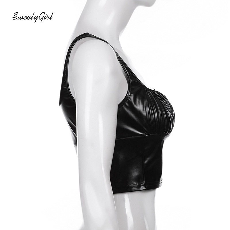 Áo tank top cổ chữ U hở lưng màu trơn chất liệu da PU gợi cảm cho nữ