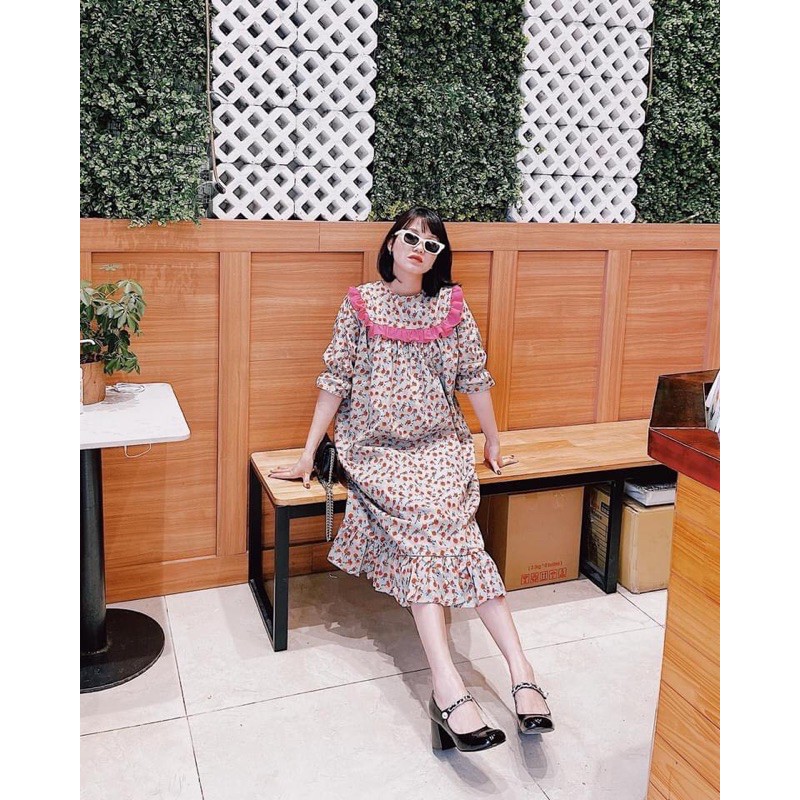 [Mặc Là Xinh] Váy Hoa Cổ Bèo Dáng Suông, Đầm Hoa Nhí Dáng Dài Phối Bèo Hồng Có Ảnh Thật Kèm Video | BigBuy360 - bigbuy360.vn