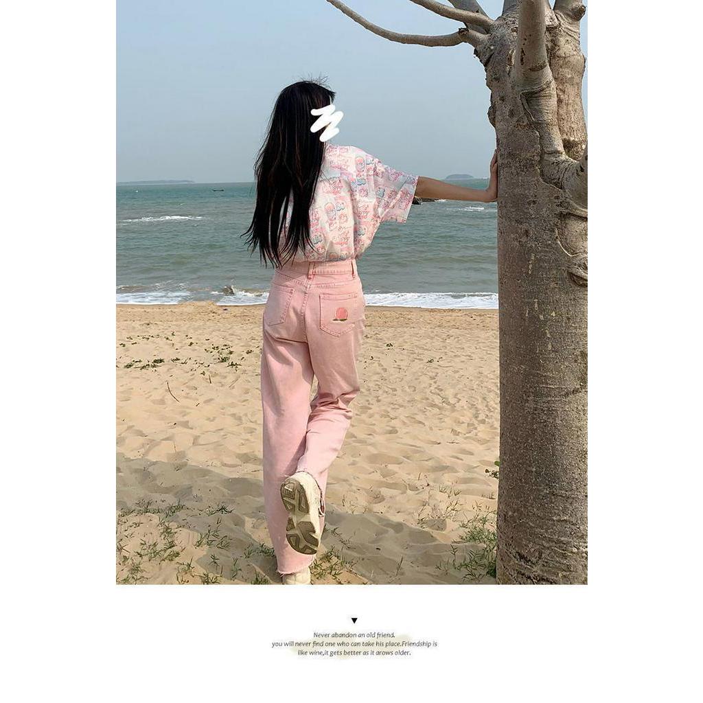 Quần jean dài cạp cao ống rộng phong cách mùa hè 2021 cho nữ