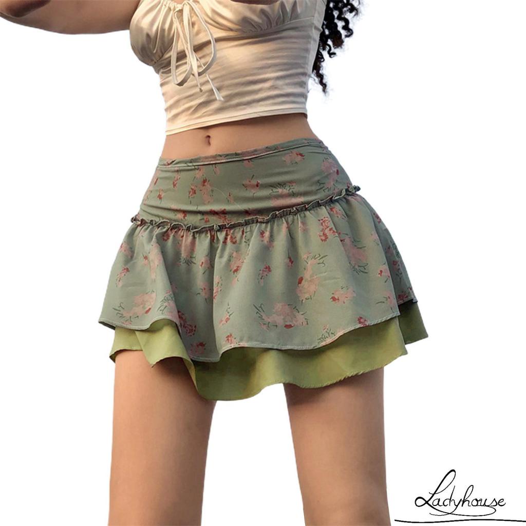 Chân váy ngắn hai lớp in họa tiết hoa phong cách mùa thu hè trẻ trung cho nữ