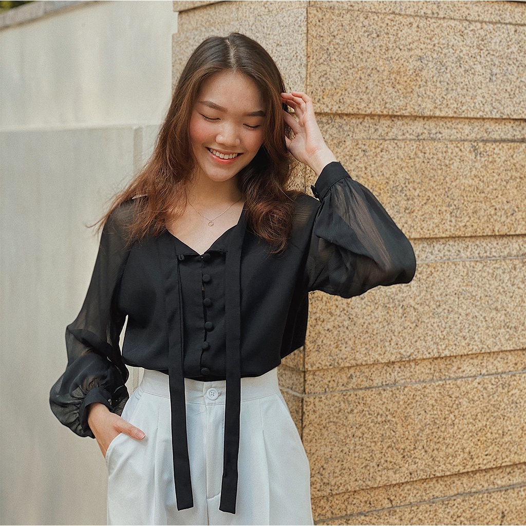 Áo Sơ Mi Nữ Công Sở Kiểu nữ Đẹp Hàn Quốc Tay Phồng  LUCETFASHION cao cấp đen trắng Kimi Shirt