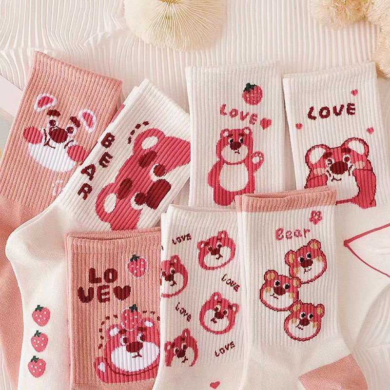 Vớ Ống Dài In Họa Tiết Gấu Hồng Dễ Thương Thời Trang Thu Đông Cho Nữ