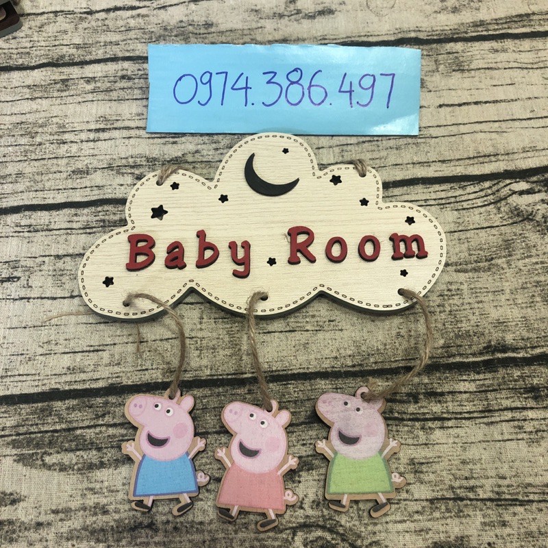 Bảng hiệu gỗ hình heo peppa chữ baby room treo phòng trẻ em