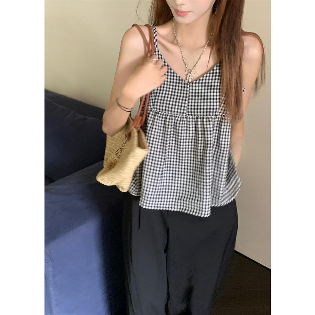 Áo Hai Dây Họa Tiết Sọc Caro Phong Cách Retro Ngọt Ngào  tao bao