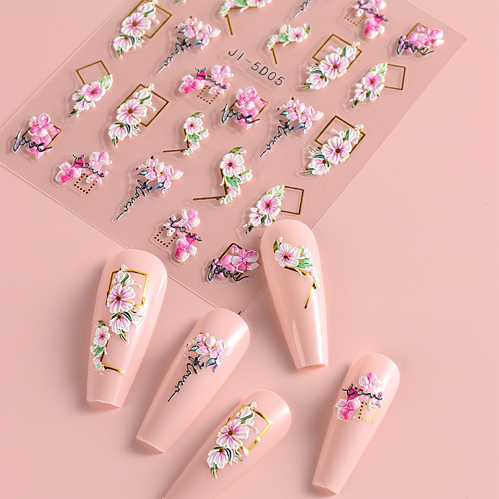 Miếng Dán Trang Trí Móng Tay 5D Bằng Acrylic Họa Tiết Hoa Anh Đào Đẹp Mắt