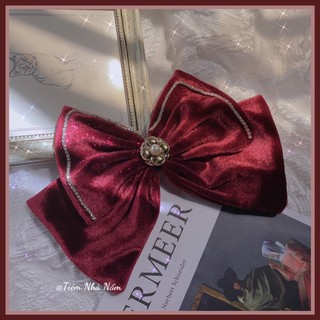 🎀 kẹp tóc nơ nhung viền đá đính hoa trà sx -