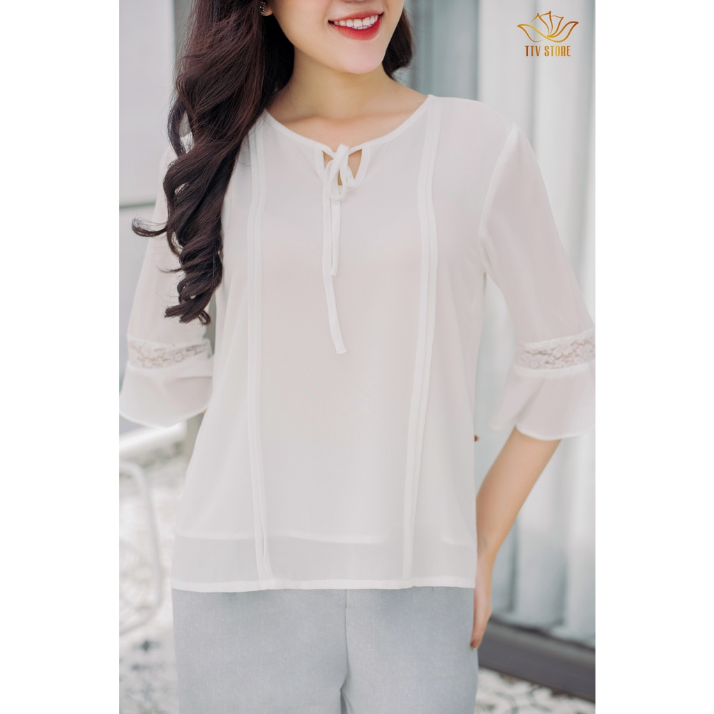 Áo somi cao cấp cổ tròn cột nơ tay lỡ trắng TTV583
