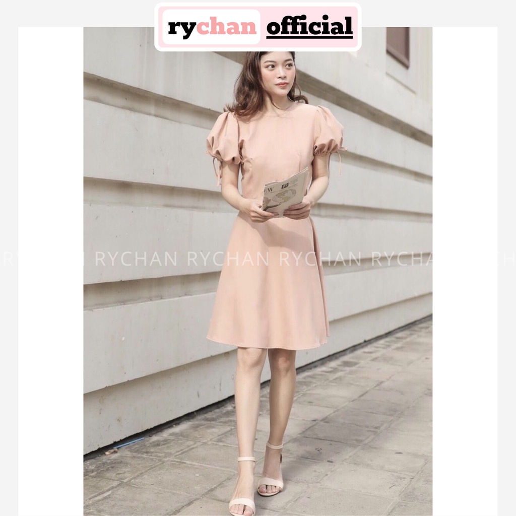 DX264 - Đầm Xòe Nude Nơ Tay Phồng