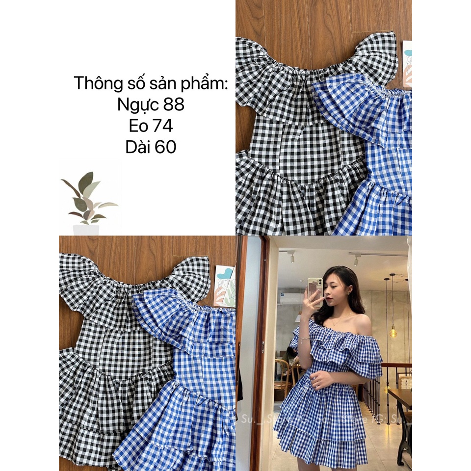 Váy/Đầm trễ vai sọc caro phong cách tiểu thư LOVI