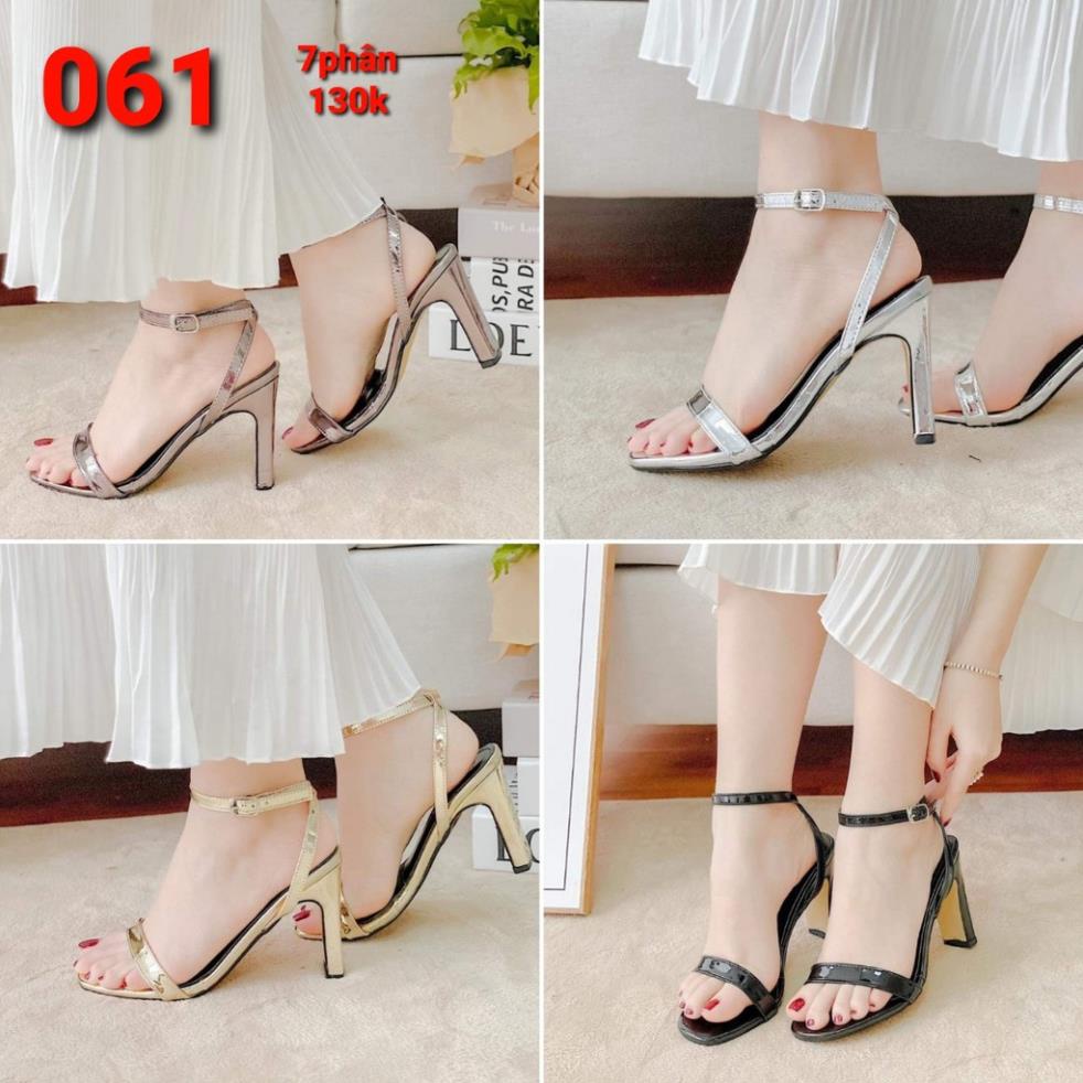 Giày Sandal Nữ Cao Gót 9 Phân Gót Vuông, Quai Ngang, Da Bóng MS 061