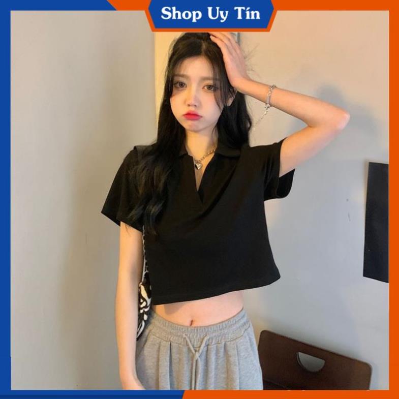 Áo Croptop Kiểu Nữ Ôm Body Polo có cổ sơ mi thun Tay Ngắn Form Rộng sexy Cá tính thể thao màu trắng đen AO018