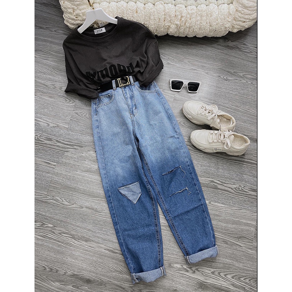 [ ONG CHĂM CHỈ ] QUẦN BAGGY JEAN NỮ LƯNG CAO LOANG MÀU XANH ĐẬM RÁCH 1 VẠT PHẢI 2 SỌC TRÁI CAO CẤP NITI BÁ ĐẠO