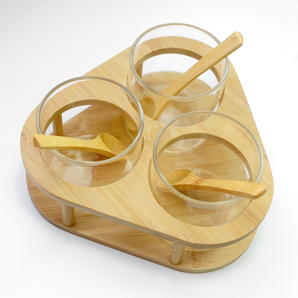 Bộ 3 hủ thủy tinh đựng gia vị khay gỗ HOBBY Home Decor HGVTG - gỗ tre có nắp và muỗng - mẫu tam giác