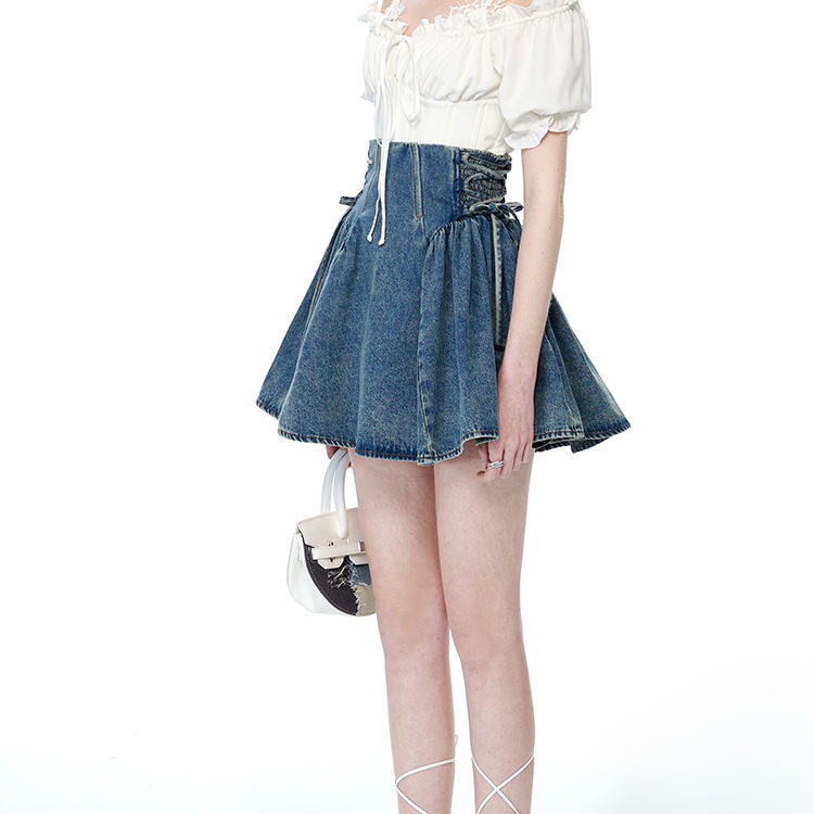 Jiashucheng Hàng Có Sẵn Chân Váy Denim Xếp Ly Lưng Cao Thời Trang Mùa Hè Mát Mẻ Buộc Dây Có Thể Điều Chỉnh Phong Cách Niche