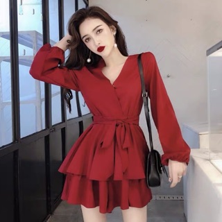 Jumpsuit cổ tim tay dài 2 tầng mặc dạo phố, noel cực style (kèm hình thật)