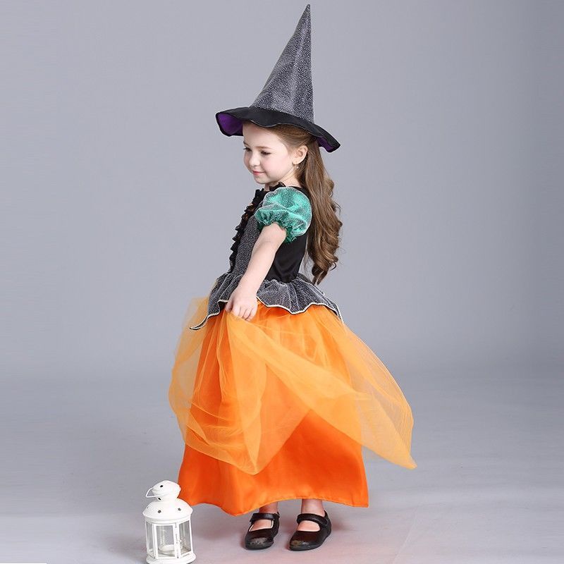 Đầm Hóa Trang Halloween Nhân Vật Phù Thủy Bí Ngô Cỡ 90-160 Cho Bé Gái