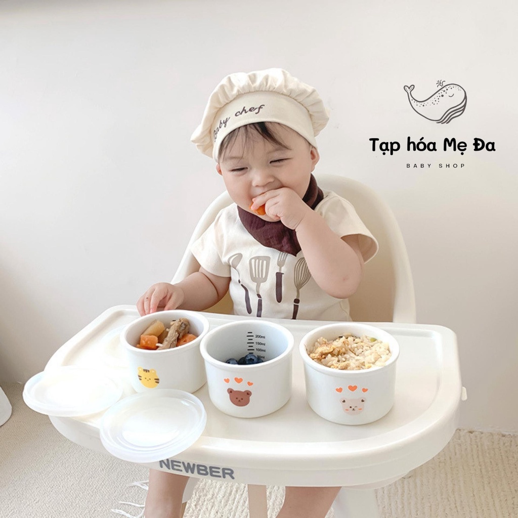Bát sứ/hũ sứ đựng đồ ăn dặm cao cấp 220ml hình gấu cho bé có nắp đậy kín phong cách Hàn Quốc