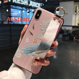 Ốp lưng họa tiết hoa sen có dây đeo cổ tay cho iPhone 11 12 Pro Max X XR Xs Max 6 6S 7 8 Plus SE 2020