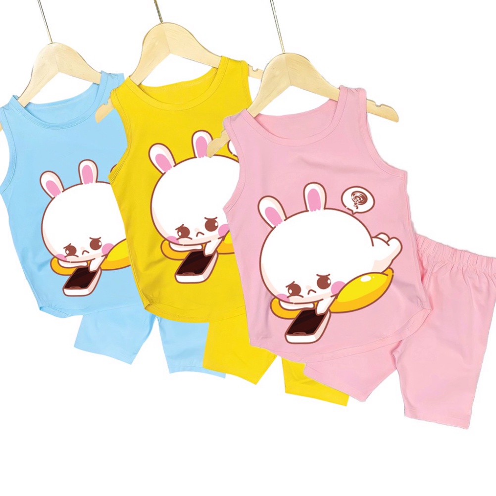 ( Chuyên sỉ lẻ Quần áo trẻ em ) Bộ đồ bé gái sát nách hình thỏ bấm điện thoại cho bé gái từ 6kg đên 29kg.DBBG58.