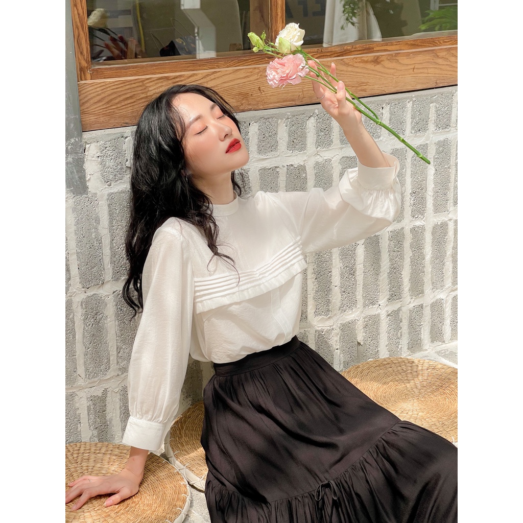 Áo sơ mi dài tay nữ dáng cách điệu trần ly ngang MADELEN