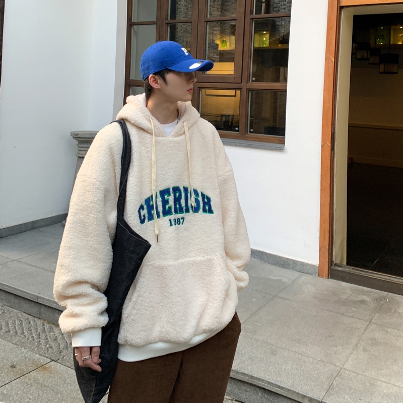 Áo hoodie tay dài dáng rộng thêu chữ chất liệu nhung thời trang cho nam