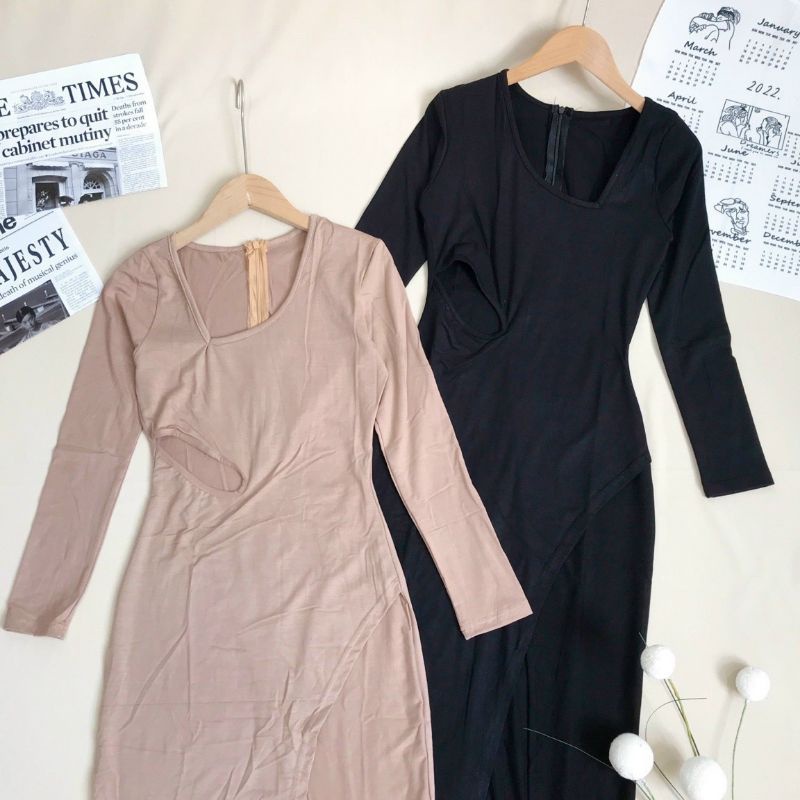 Đầm body xẻ đùi khoét eo sexy tay dài