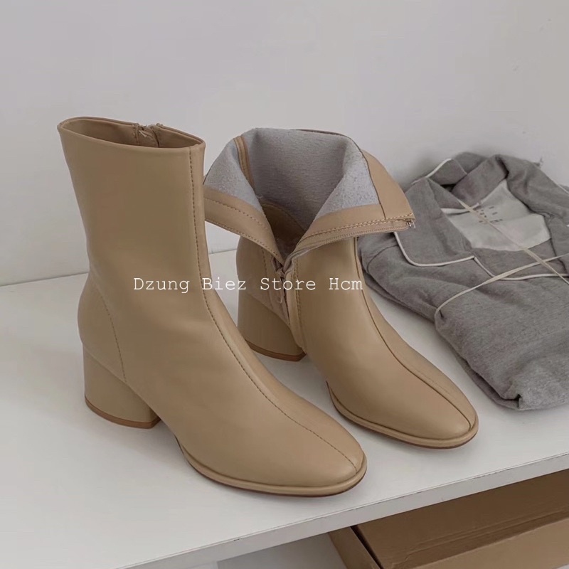 Boot cổ ngắn mũi tròn gót vuông 5p chất da thật
