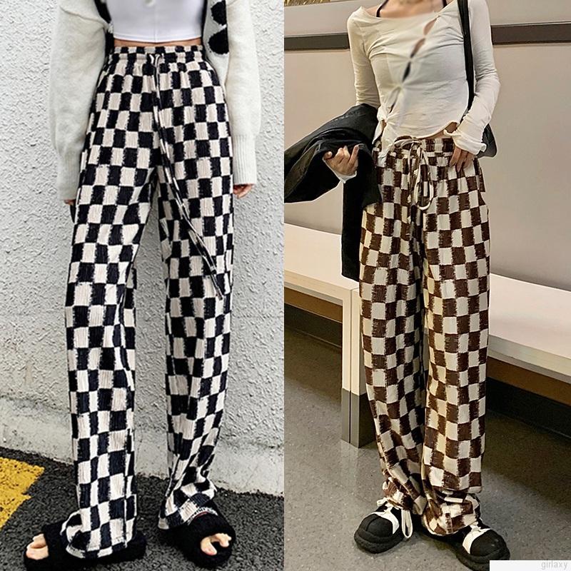 Quần dài ống rộng họa tiết kẻ ca rô trẻ trung cho nữ