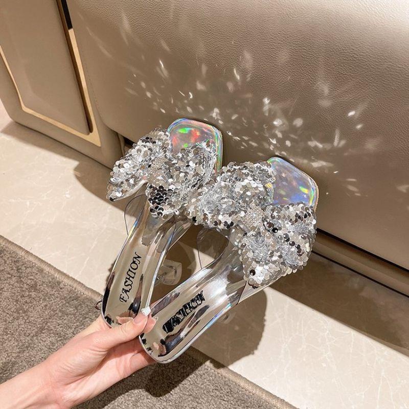 Dép Cao Gót Quai Ngang Trong Suốt Đính Đá Nhiều Màu Thời Trang Mùa Hè Cho Nữ