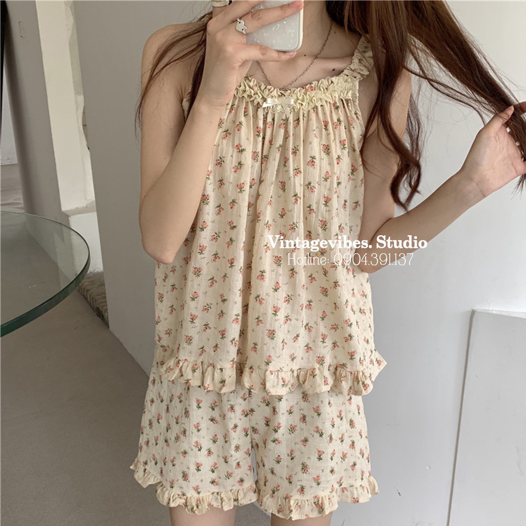 Set áo babydoll 2 dây bèo nhún kèm quần short Ulzzang (hàng QC) - Ảnh thật