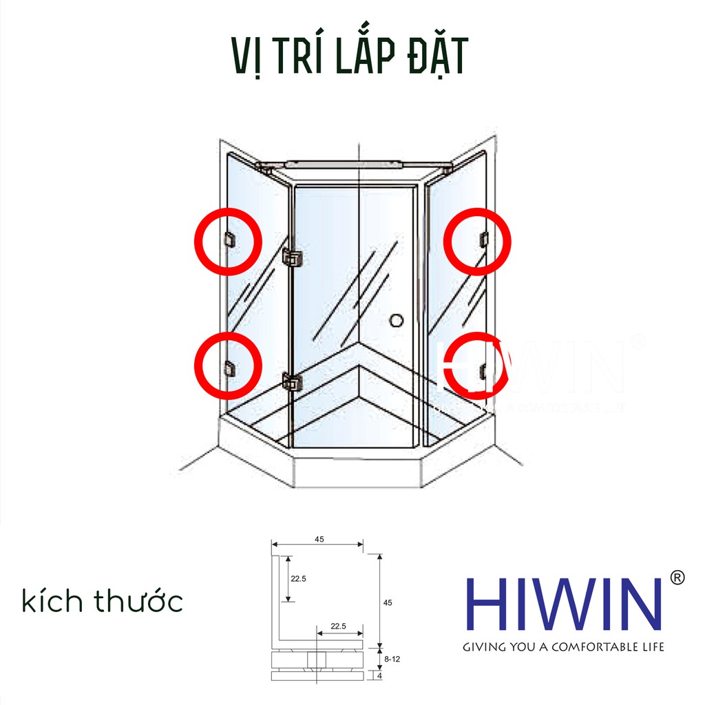 Kẹp định vị vách tắm kính 90 độ kính - tường inox 304 đúc Hiwin FC-2082