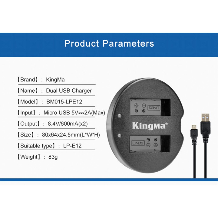 Đốc sạc + 2 Pin Kingma LP-E12 cho Canon M10 M50 100D M2 EOS-M