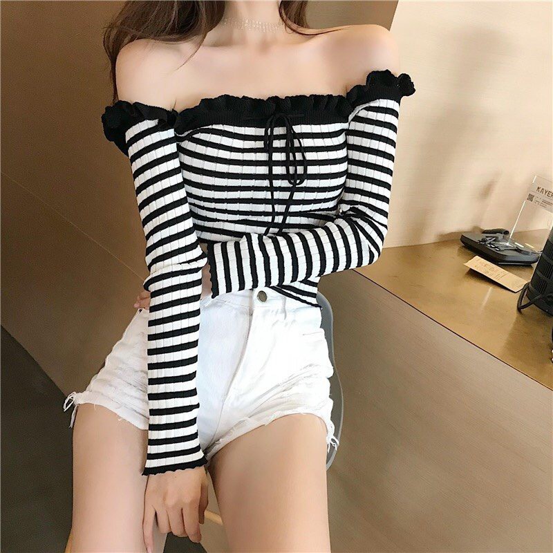 Áo kiểu ulzzang bẹt vai len gân sẵn 346